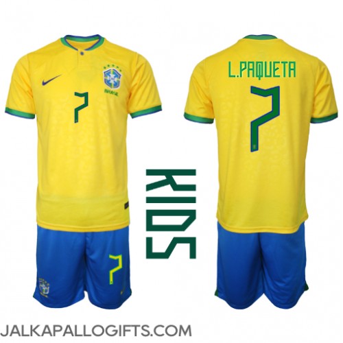 Brasilia Lucas Paqueta #7 Koti Peliasu Lasten MM-kisat 2022 Lyhythihainen (+ Lyhyet housut)